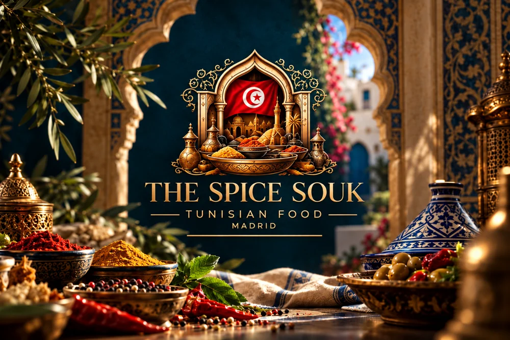 The Spice Souk brand artwork with a Tunisian flag, golden arch and spice bowls